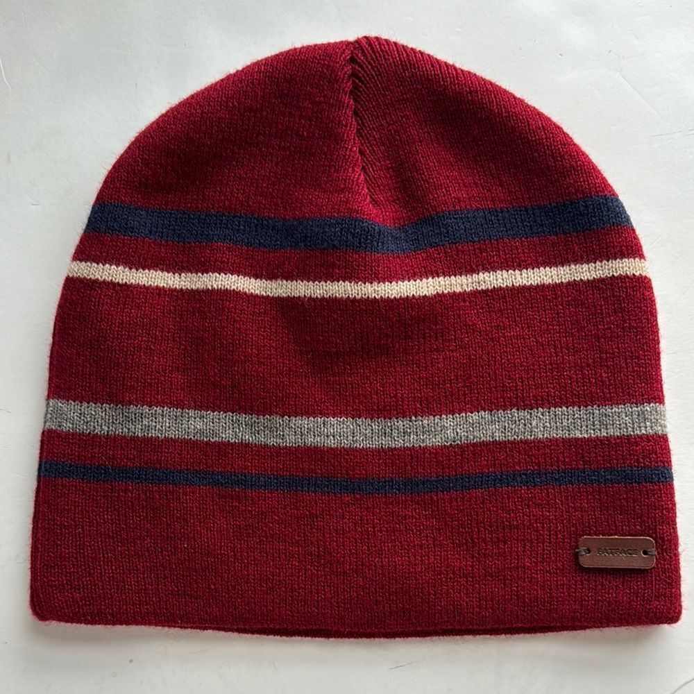 FAT FACE Men’s OS Red Spaced Stripe Fitted Stretch Knitted Beanie‎ Hat Wool